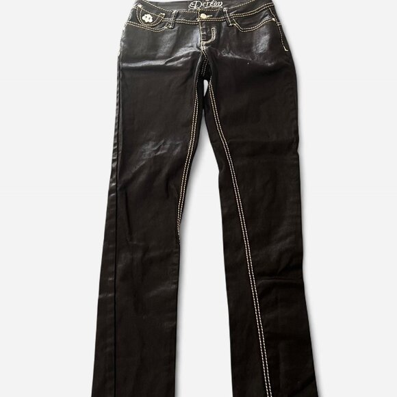 Black low-rise gothic waxed denim lightweight pants with white contrast stitchin - Picture 1 of 4